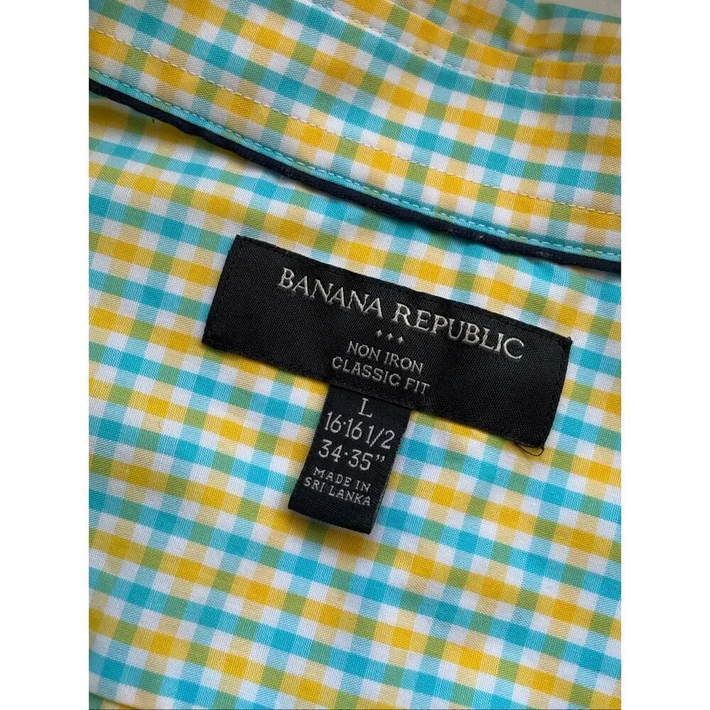 Banana Republic Non-Iron Classic Fit teal and yellow checked cotton button down